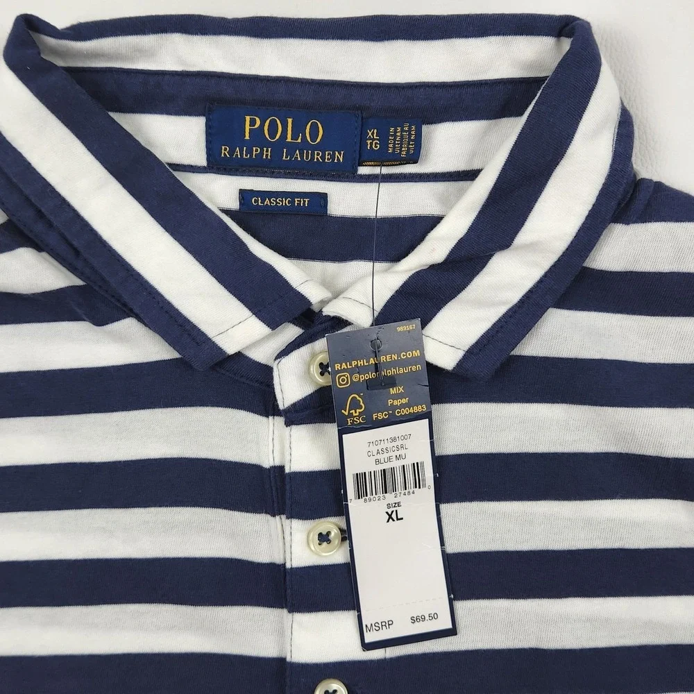 NWT Polo Ralph Lauren Striped Polo Shirt XL Blue Classic Fit Pocket Tee